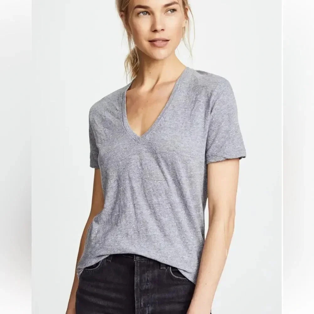 Monrow Oversized Linen V Neck Tee Shirt Top